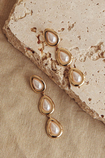 Marion Triple Drop Earrings Gold Pearl