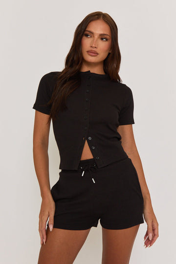 Black Rib Button Front Top and Short Co-ord Set - Dua