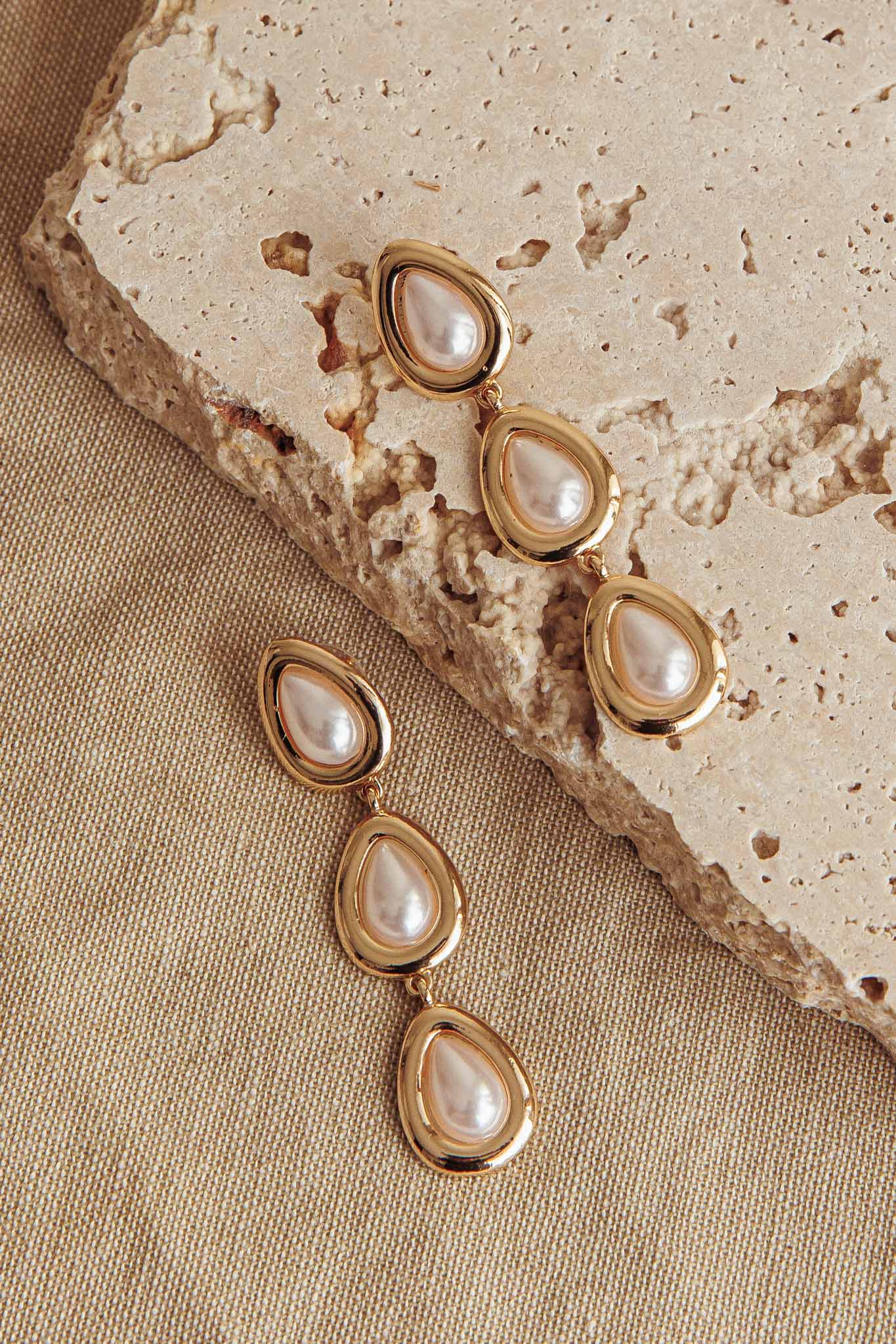 Marion Triple Drop Earrings Gold Pearl