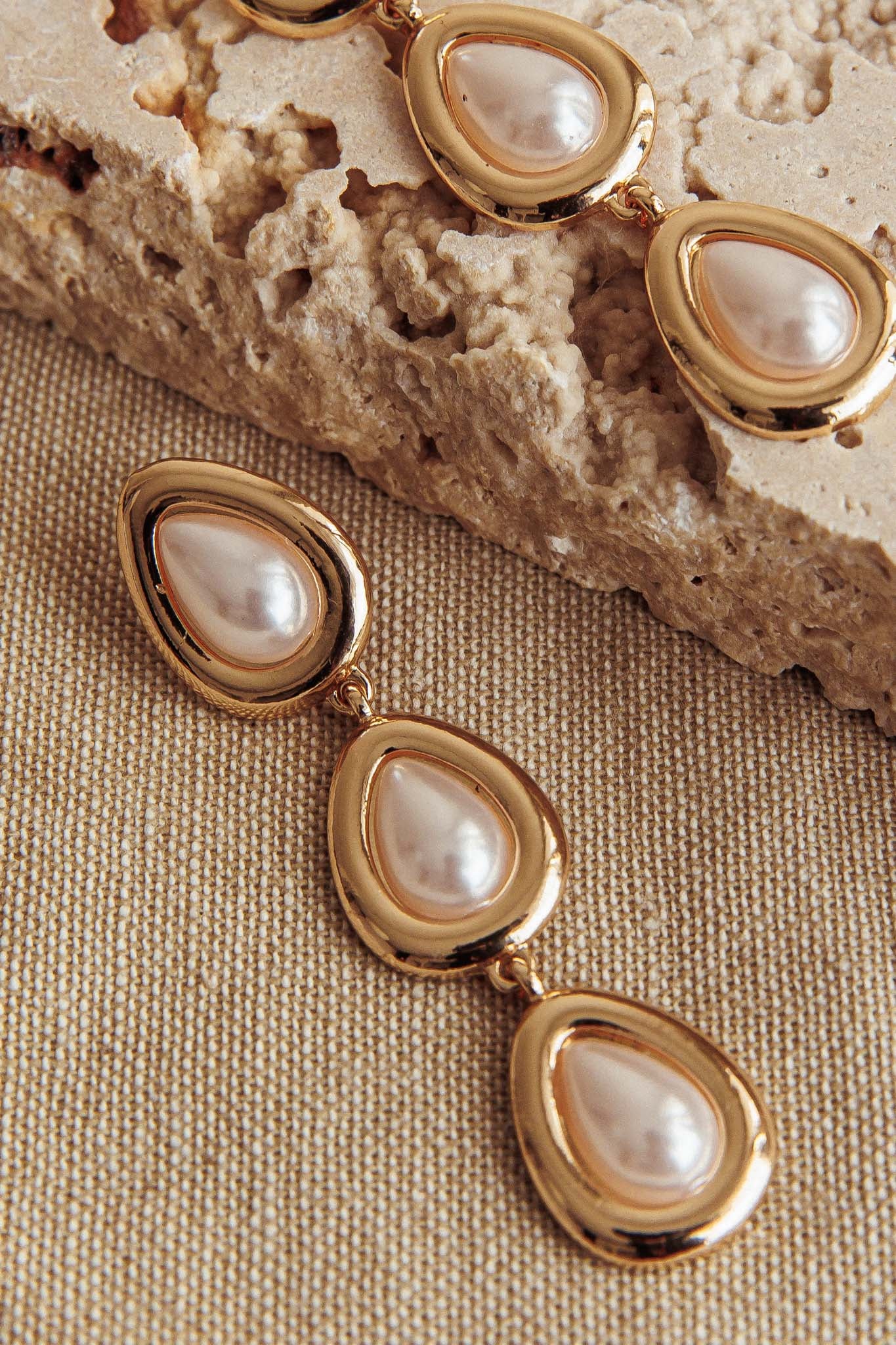 Marion Triple Drop Earrings Gold Pearl