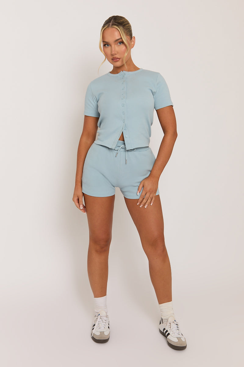Light Blue Rib Button Front Top and Short Co-ord Set - Dua