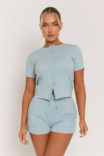 Light Blue Rib Button Front Top and Short Co-ord Set - Dua