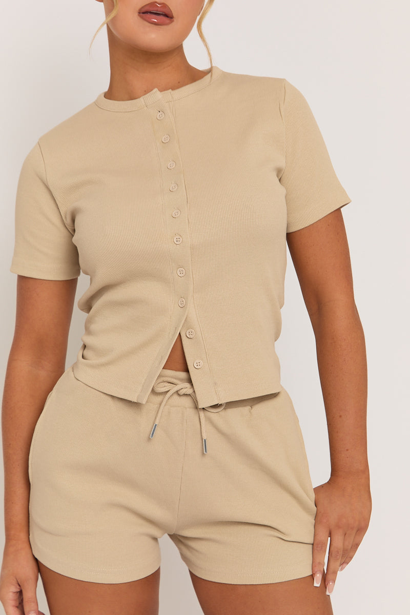Beige Rib Button Front Top and Short Co-ord Set - Dua